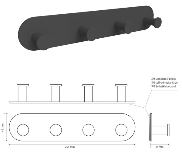 Sapho Sapho, cârlig pătrat autoadeziv X-ROUND, negru mat, XR221B