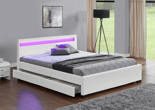 KONDELA Pat matrimonial, iluminare RGB LED, piele ecologică albă, 160x200, CLARETA