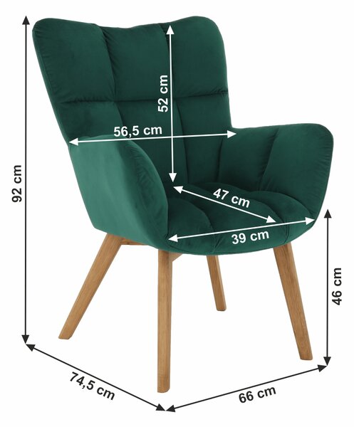 KONDELA Fotoliu de design, catifea Velvet smarald/stejar, FONDAR