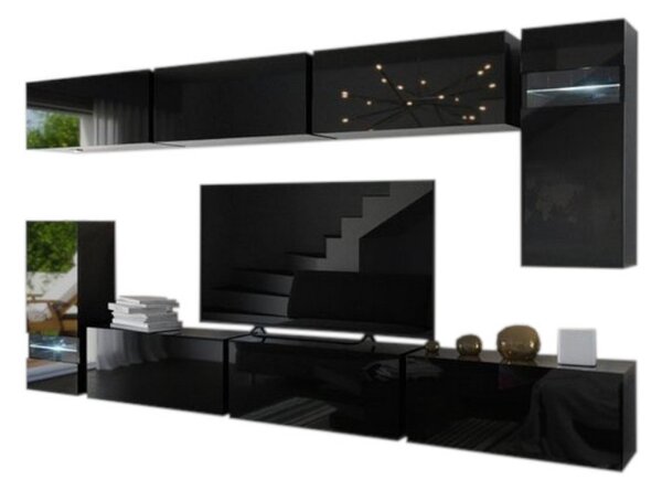 Mobilă sufragerie ELPASO 3 + LED, negru/negru luciu