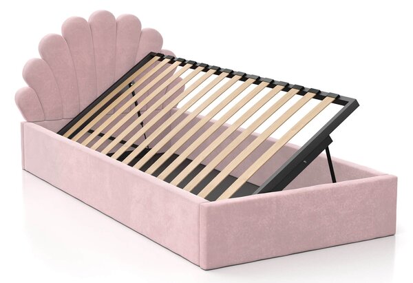 Pat Tapitat cu spatiu de depozitare 90x200 cm cu cadru, roz Velvet Kids Line 3 Scoica
