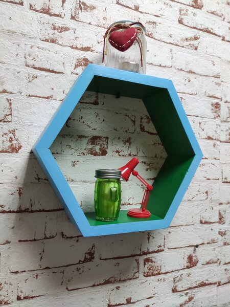 Raft de perete din lemn in forma hexagonala Carnival mare bleu/verde