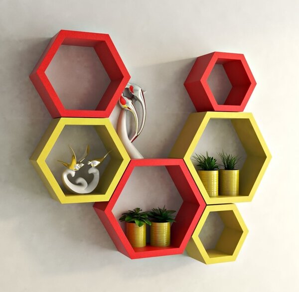 Set 6 rafturi de perete din lemn, in forma hexagonala, cu prindere ascunsa, Circus, galben/rosu