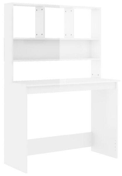 Birou cu rafturi, alb extralucios, 102x45x148 cm, lemn compozit