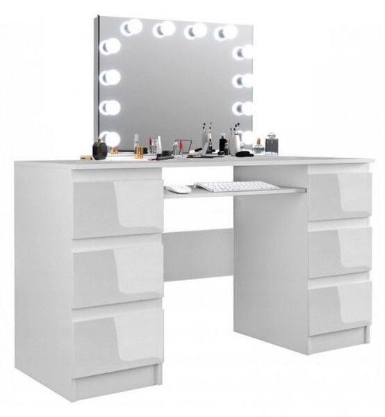 Adept stand out Permanent SEA535 - Set Masa toaleta, 130 cm, cosmetica machiaj, masuta vanity,  oglinda cu LED-uri - Alb Lucios | FAVI.ro