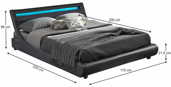 KONDELA Pat matrimonial cu iluminare RGB LED, negru, 160x200, FELINA