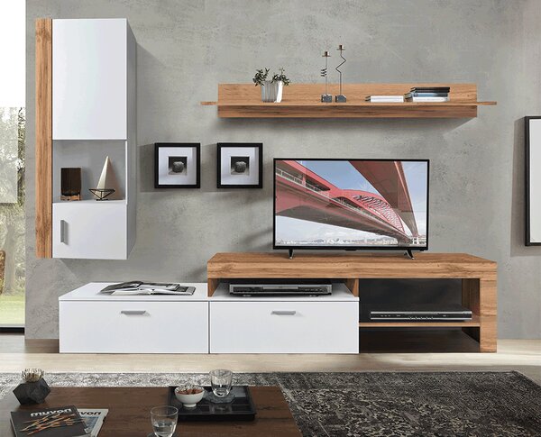 KONDELA Perete living, stejar wotan / alb, ALUBA