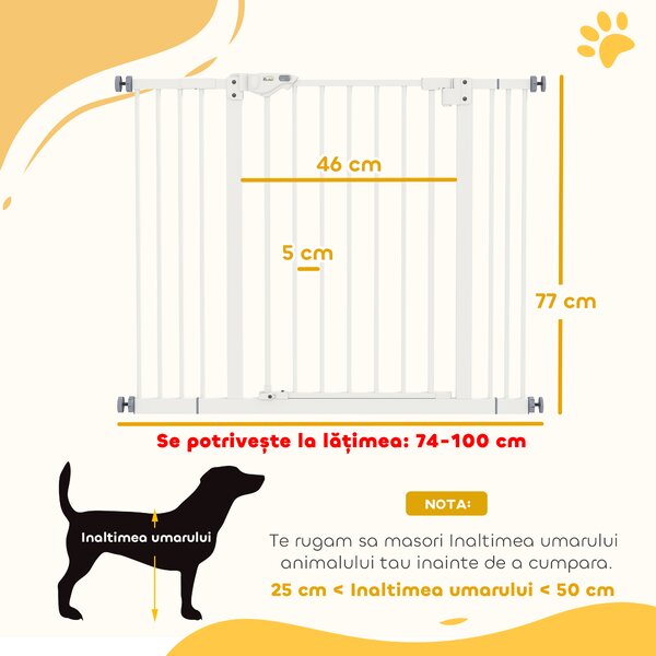 PawHut Poartă Extensibilă pentru Câini fără Șuruburi, Poartă de Siguranță Reglabilă cu 2 Extensii, 94-100 cm, Alb | Aosom Romania