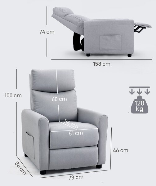 HOMCOM Fotoliu Reclinabil 135° max în Material cu Efect de In, Spumă, Oțel și Lemn, 73x86x100 cm, Gri Deschis | Aosom Romania