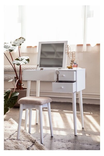 Masă de toaletă cu oglindă, 2 sertare și cutie de bijuterii Bonami Essentials Beauty, alb