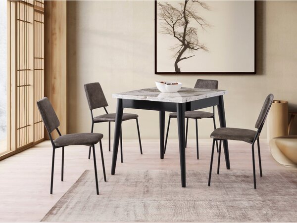 Masa extensibila TOTEM 3042, PAL melaminat/Metal, alb cu efect de marmura/negru, 80-160×80×75 cm