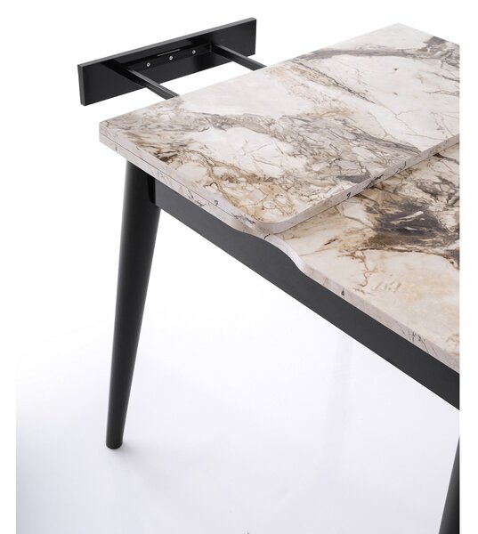 Masa extensibila TOTEM 3042, PAL melaminat/Metal, alb cu efect de marmura/negru, 80-160×80×75 cm