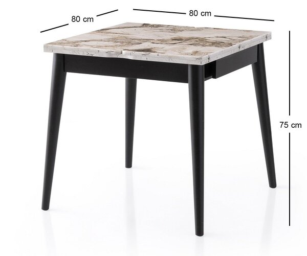 Masa extensibila TOTEM 3042, PAL melaminat/Metal, alb cu efect de marmura/negru, 80-160×80×75 cm