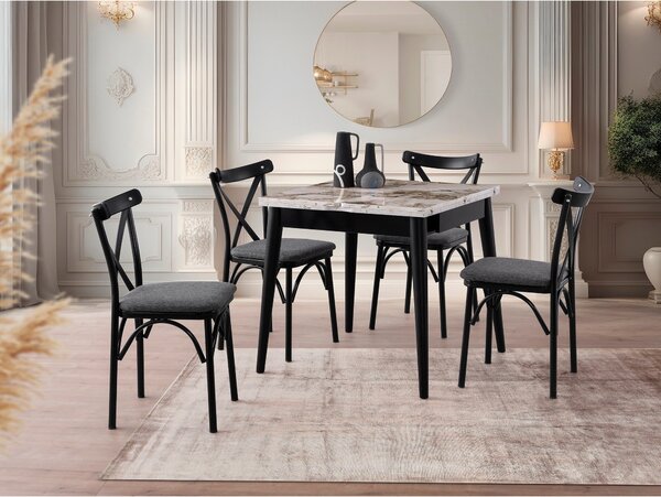 Masa extensibila TOTEM 3042, PAL melaminat/Metal, alb cu efect de marmura/negru, 80-160×80×75 cm