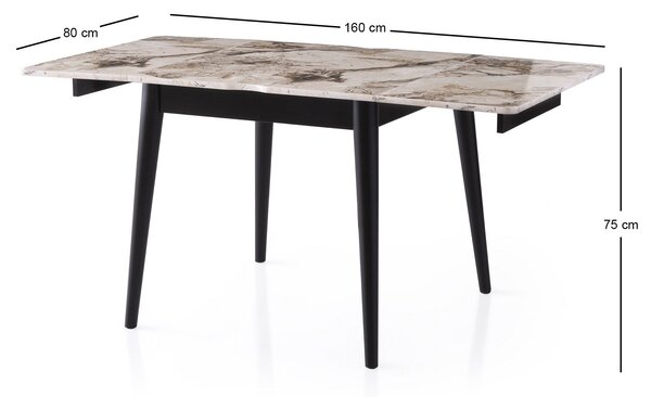 Masa extensibila TOTEM 3042, PAL melaminat/Metal, alb cu efect de marmura/negru, 80-160×80×75 cm