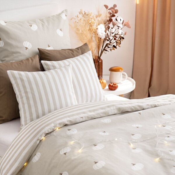Goldea lenjerie de pat din 100% bumbac - dovleci pe fond crem cu dungi 140 x 200 și 50 x 70 cm