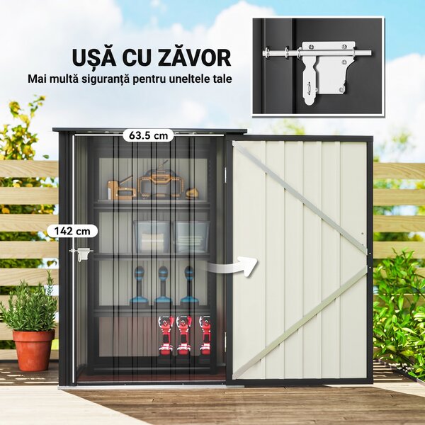 Outsunny Căsuță de Grădină 0,92m² din Oțel Galvanizat, Depozit pentru Unelte cu Ușă Blocabilă și Acoperiș Înclinat, 100x104x160 cm, Gri Închis | Aosom Romania