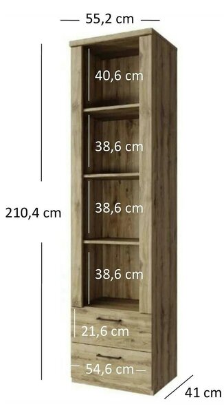Biblioteca DOORSET, PAL laminat, stejar navarra, 55×41×210 cm