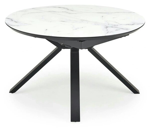 Masa rotunda extensibila 6 persoane VERTIGO, MDF lacuit/sticlă/otel acoperit cu pulbere, alb cu efect de marmura/negru, 130-180×130×76 cm