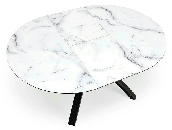 Masa rotunda extensibila 6 persoane VERTIGO, MDF lacuit/sticlă/otel acoperit cu pulbere, alb cu efect de marmura/negru, 130-180×130×76 cm