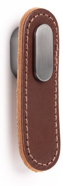 Maner, buton Oblong din piele maro pentru mobilier, cu ornament finisaj gri periat, L 70 mm