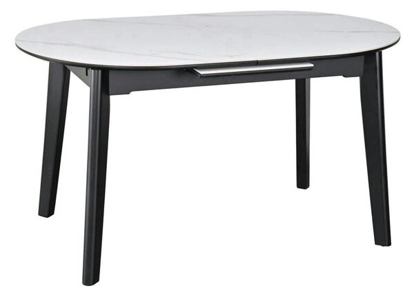 Masa extensibila ARES, ceramica/MDF/metal, alb mat cu efect de marmura/negru, 120-150×85×76 cm