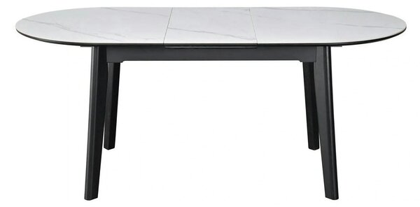 Masa extensibila ARES, ceramica/MDF/metal, alb mat cu efect de marmura/negru, 120-150×85×76 cm