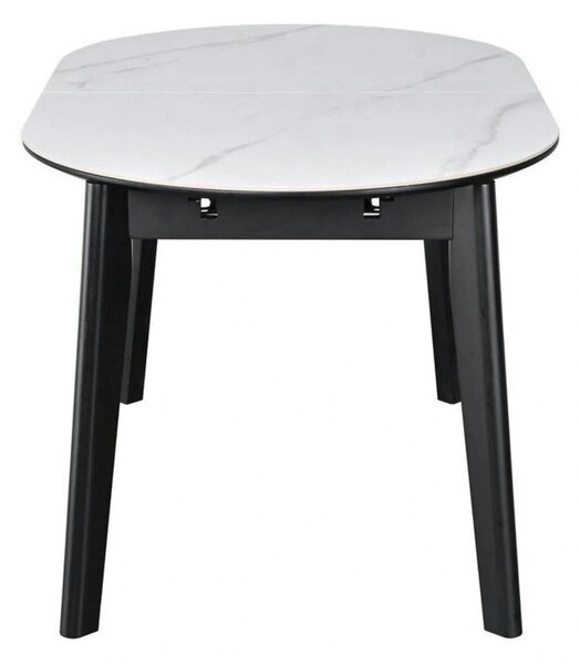 Masa extensibila ARES, ceramica/MDF/metal, alb mat cu efect de marmura/negru, 120-150×85×76 cm