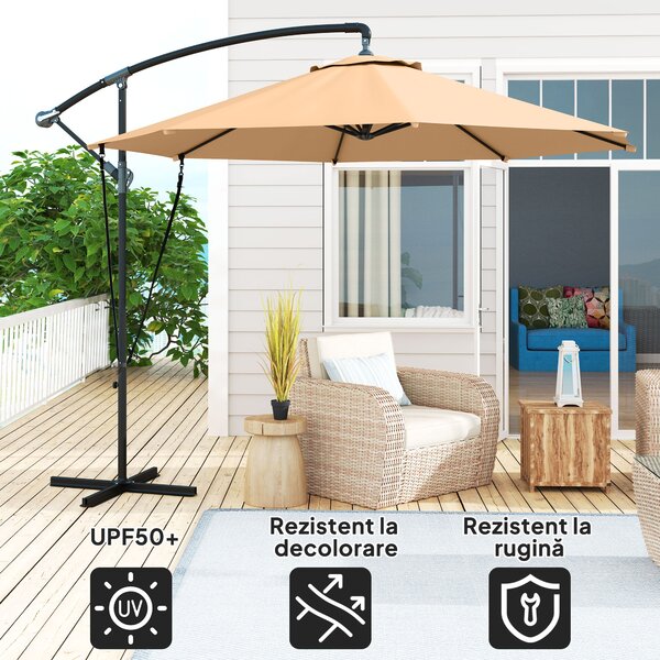 Outsunny Umbrelă de Soare cu Corzi Anti-Vânt, Orificii de Aerisire, Bază în Cruce și Manivelă, Φ290x243 cm, Gri | Aosom Romania