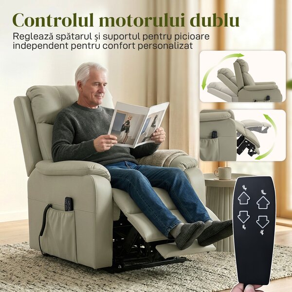 HOMCOM Fotoliu Electric cu Funcție de Ridicare Rabatabil 170° din Piele Ecologică Respirabilă cu 2 Motoare, Telecomandă, 4 Roți, Frână, Suport Picioare, Buzunare Laterale, Crem | Aosom Romania