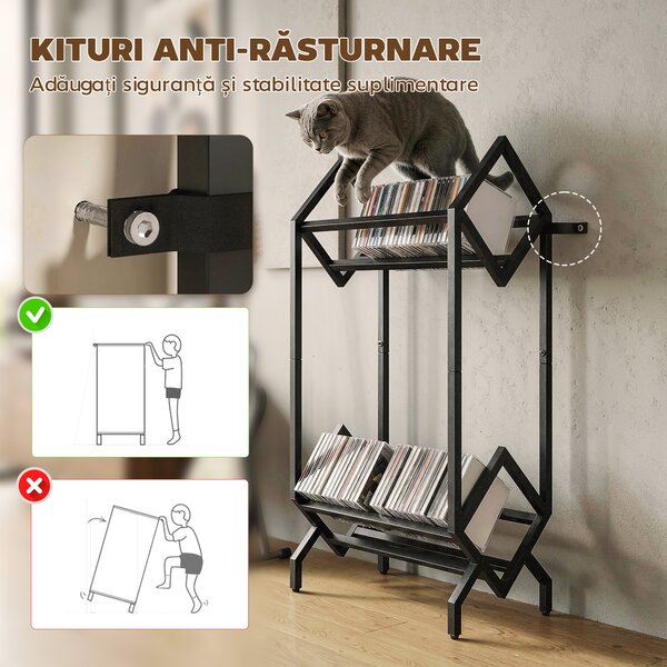 HOMCOM Organizator CD-uri pentru 50 CD-uri, Organizator Viniluri 2 Niveluri din Metal pentru DVD-uri, Cărți, Albume, Negru | Aosom Romania