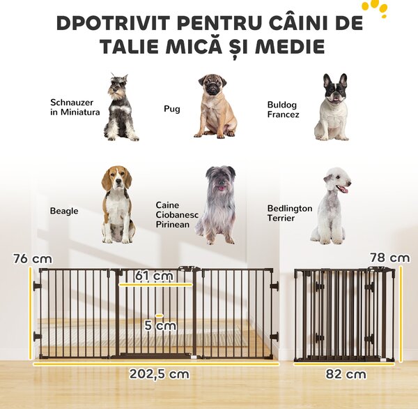 PawHut Poartă de Siguranță Pliabilă Oțel Închidere/Blocare Automată 202.5x2x76 cm Neagră Ușor de Folosit | Aosom Romania