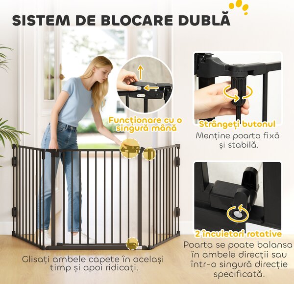 PawHut Poartă de Siguranță Pliabilă Oțel Închidere/Blocare Automată 202.5x2x76 cm Neagră Ușor de Folosit | Aosom Romania