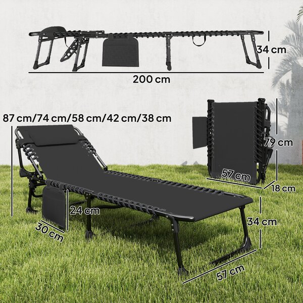 Outsunny Set de 2 Șezlonguri de Grădină Pliabile, Reglabile pe 5 Niveluri, cu Perne, Șezlonguri Textilenă cu Buzunar Lateral, Mâner, pentru Plajă, Piscină, 57x200x38 cm, Negru | Aosom Romania
