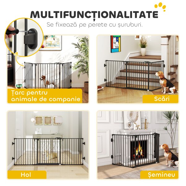 PawHut Poartă de Siguranță Pliabilă Oțel Închidere/Blocare Automată 202.5x2x76 cm Neagră Ușor de Folosit | Aosom Romania