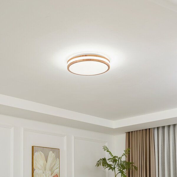 Lindby Plafonieră LED Emiva, Ø 40 cm, lemn deschis, CCT, Lemn, Camera de zi / sufragerie, Lemn, Modern