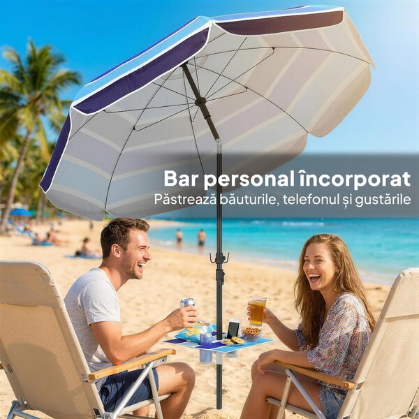 Outsunny Umbrelă de Plajă cu Măsuță și Suport pentru Pahare, din Metal și Poliester, Ø198x214 cm, Multicolor | Aosom Romania