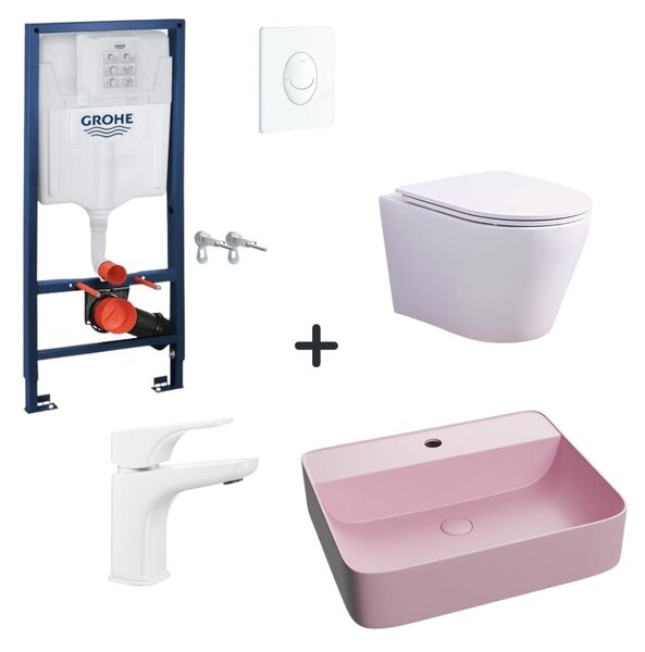 Set vas wc rimless cu capac soft close, lavoar baie roz mat, baterie si rezervor wc Rapid SL cu clapeta alba