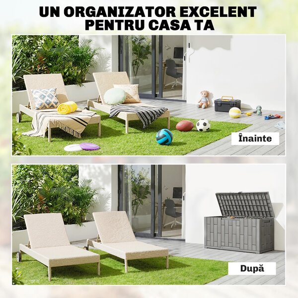 Outsunny Ladă de Depozitare pentru Grădină 227L din Rășină Rezistentă la Apă și UV cu Închidere, 106,5x43x54,5 cm, Gri | Aosom Romania
