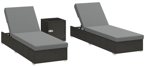 Outsunny Set 2 Șezlonguri de Grădină din Ratan cu Măsuță Laterală și Spătar Reglabil, 184x60x22 cm, Gri Închis | Aosom Romania