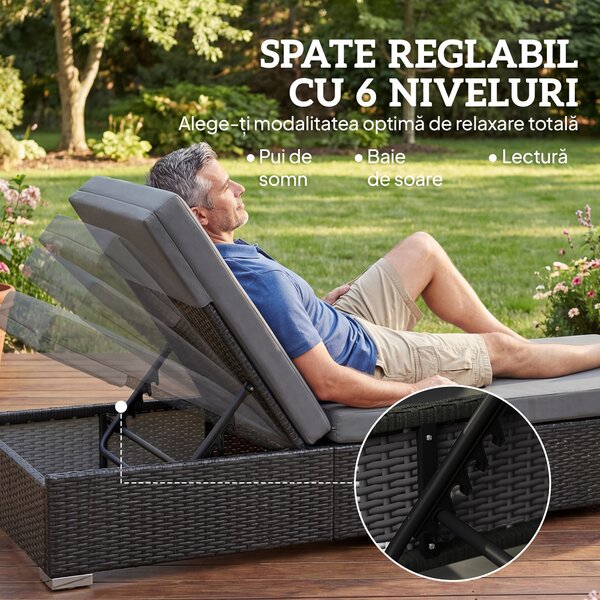 Outsunny Set 2 Șezlonguri de Grădină din Ratan cu Măsuță Laterală și Spătar Reglabil, 184x60x22 cm, Gri Închis | Aosom Romania