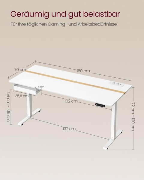 Birou reglabil Vasagle, Alb, LSD116W01, 70 x 160 cm