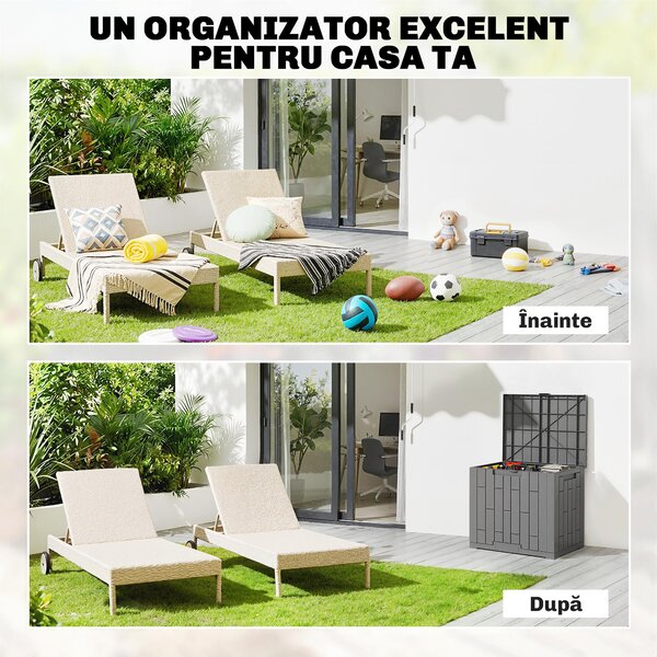 Outsunny Ladă de Grădină 114L din Rășină Impermeabilă și Anti-UV cu Închidere cu Cheie, 56x44x54 cm, Gri | Aosom Romania