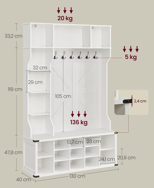 Cuier Alb Vasagle 40x130x200 cm