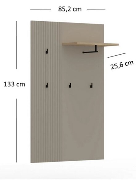 Cuier de perete hol DOMINICA, PAL laminat, grej/stejar silverjack, 85×26×133 cm