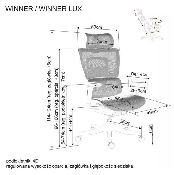 Scaun de birou WINNER LUX, negru/crom, plasa/metal, 64x51x114 cm
