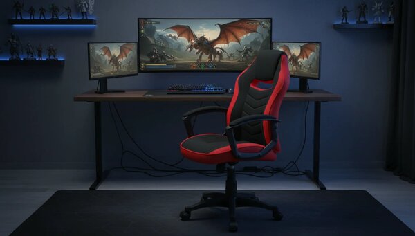 Scaun gaming CAMARO, negru/rosu, material textil, 59x49x106/116 cm