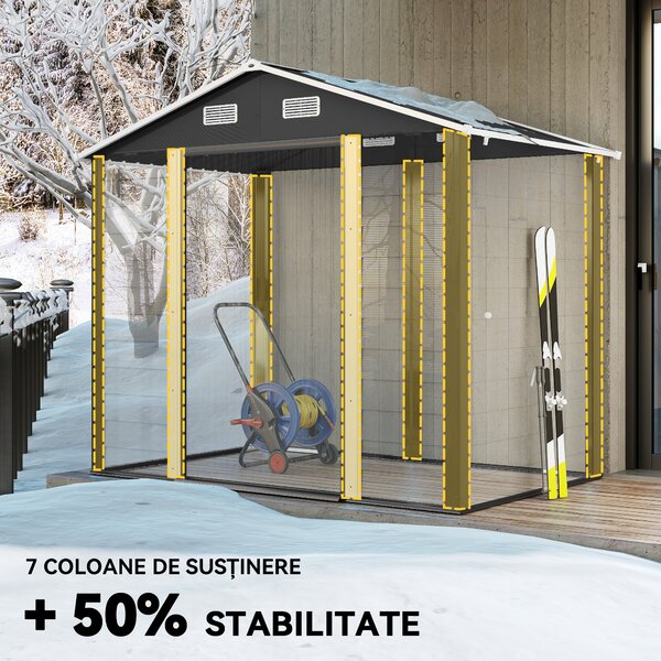 Outsunny Magazie de Gradina, Suport pentru Unelte din Otel cu Usi Glisante si Orificii de Aerisire, 196x236x208 cm, Maro | Aosom Romania