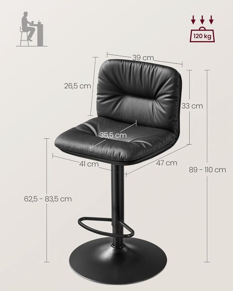 Set 2 scaune de bar, Vasagle, Negru, 41×47×（89-110） cm