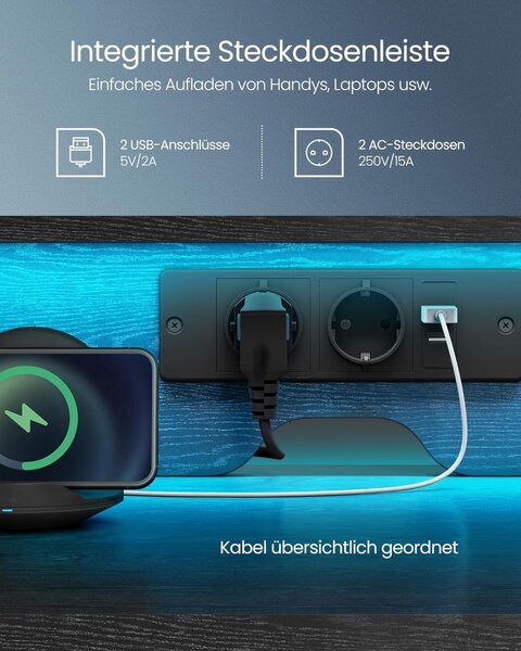 Birou Vasagle Negru, LED, 2 USB-A, 55 x 135 x 90 cm